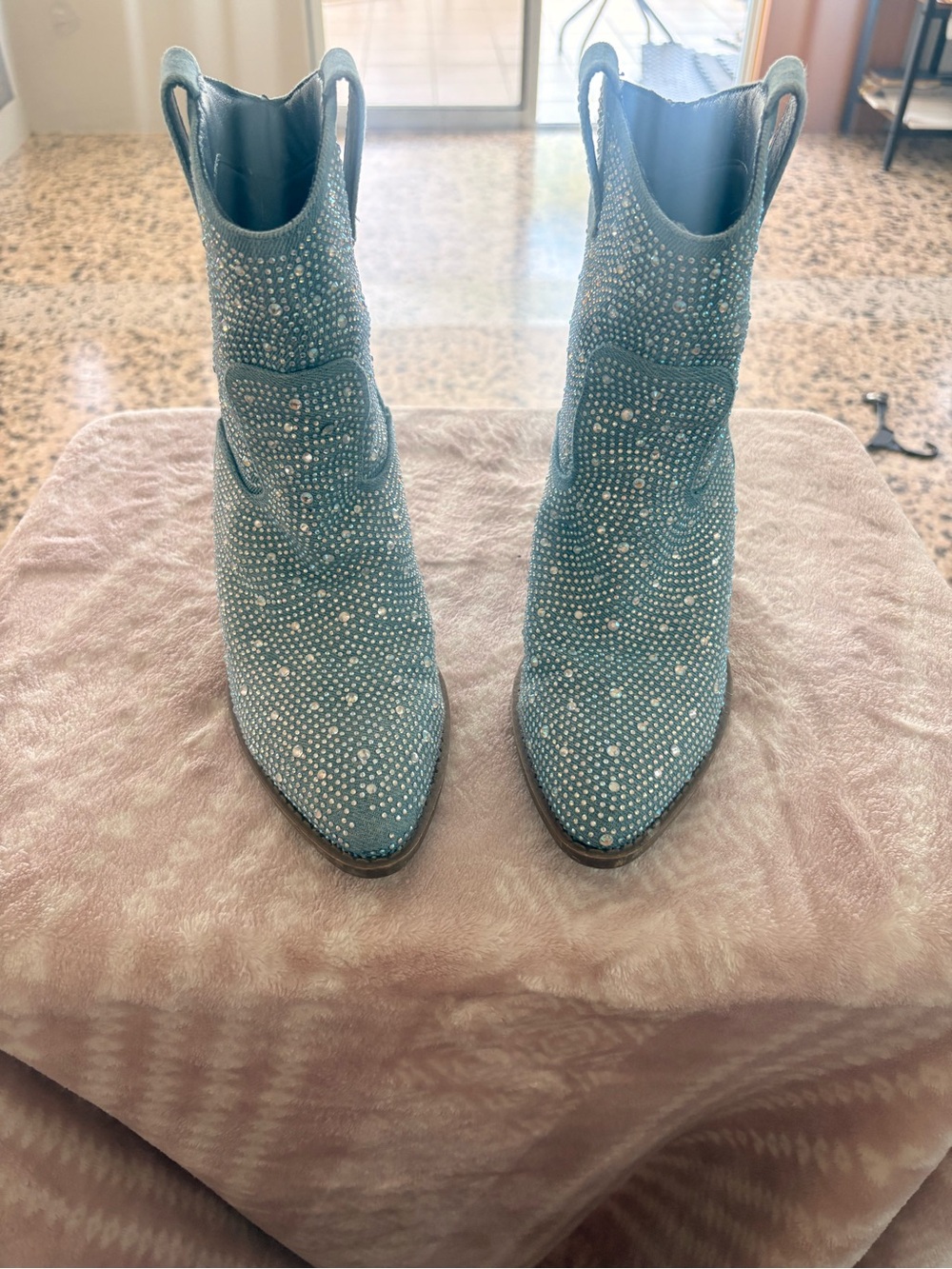 Blue Rhinestone Western Ankle Boots
